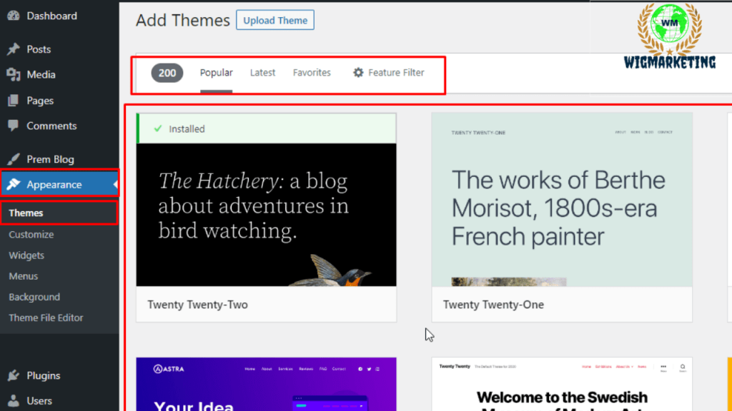 theme appearance screenshot instruction for install website theme